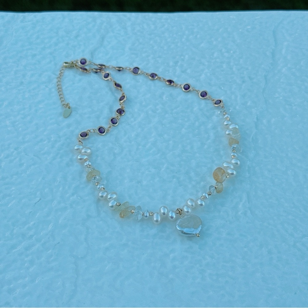 X596 Handmade Freshwater Baroque Pearl Citrine Necklace with Heart Pendant - Picture 6 of 9